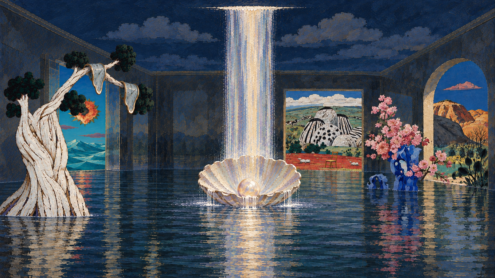 Night mirror courtyard: a waterfall pours directly into a shell holding a pearl, with a turquoise flower sea, striped white hills and a dark plant valley beyond three openings.