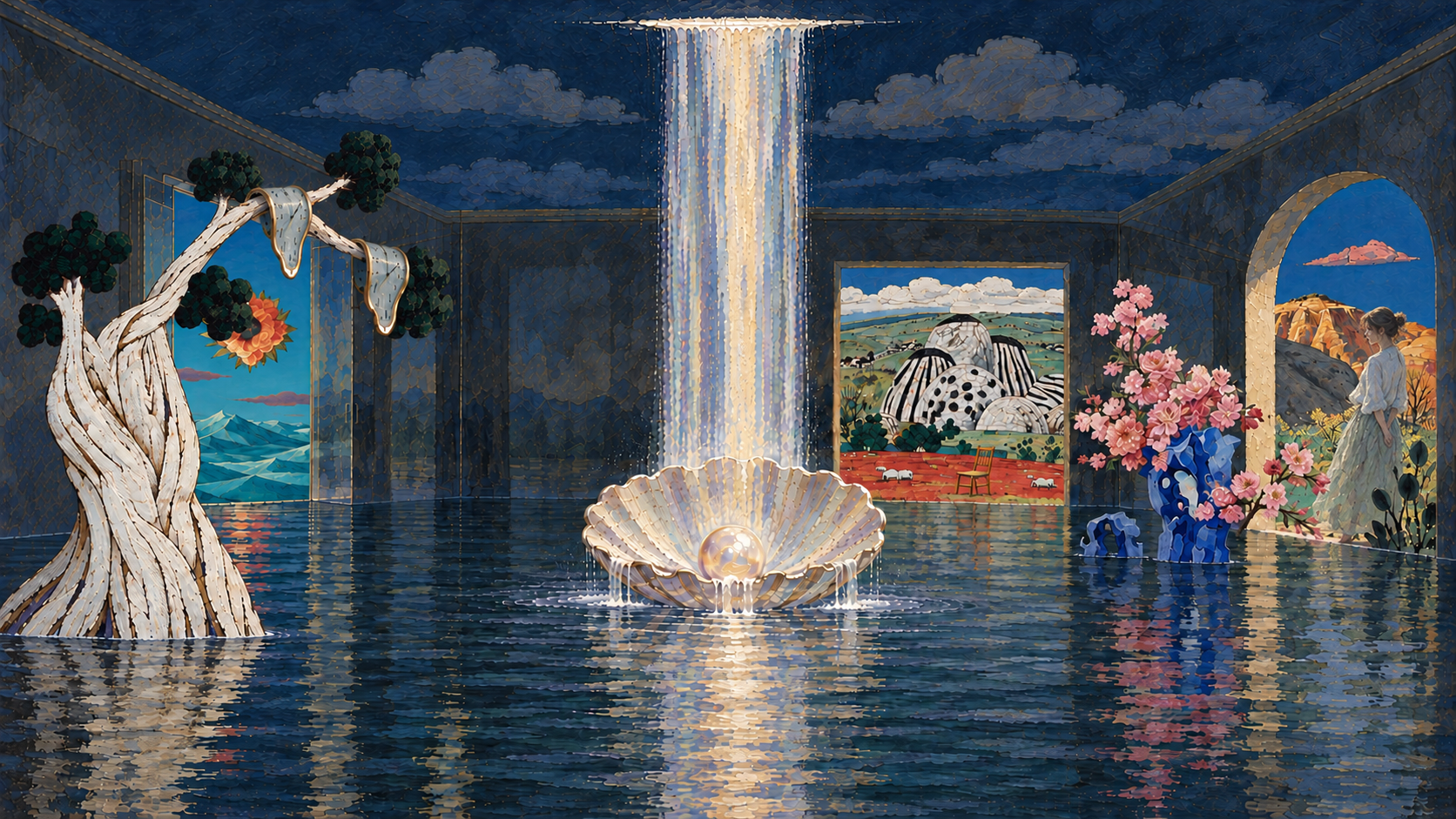 A visibly human, softly painted fictional figure stands at the right valley threshold; the head and torso are readable, while clothing blends into plants.