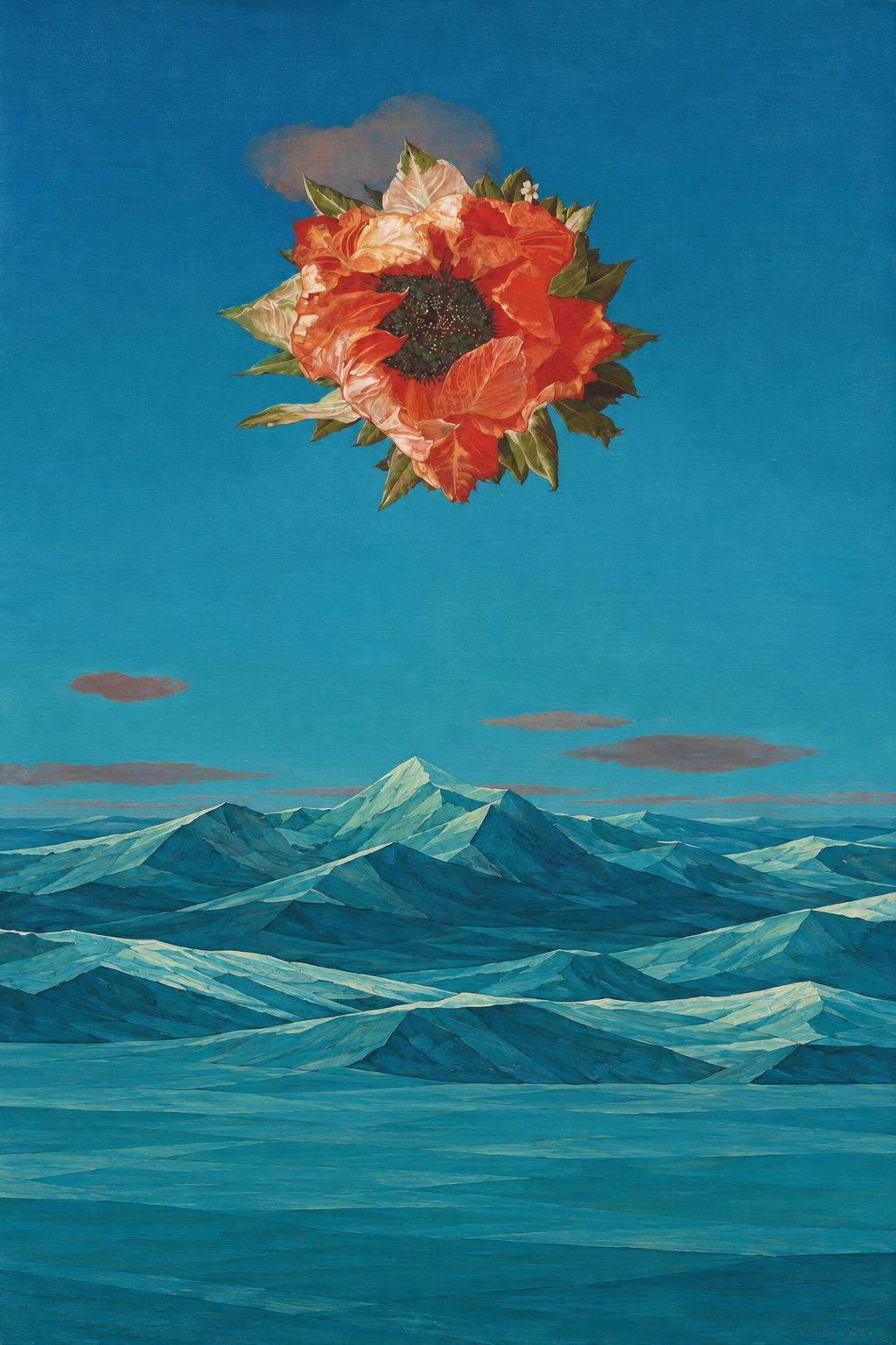 A large orange-red flower suspended in turquoise sky above geometric folded sea waves.