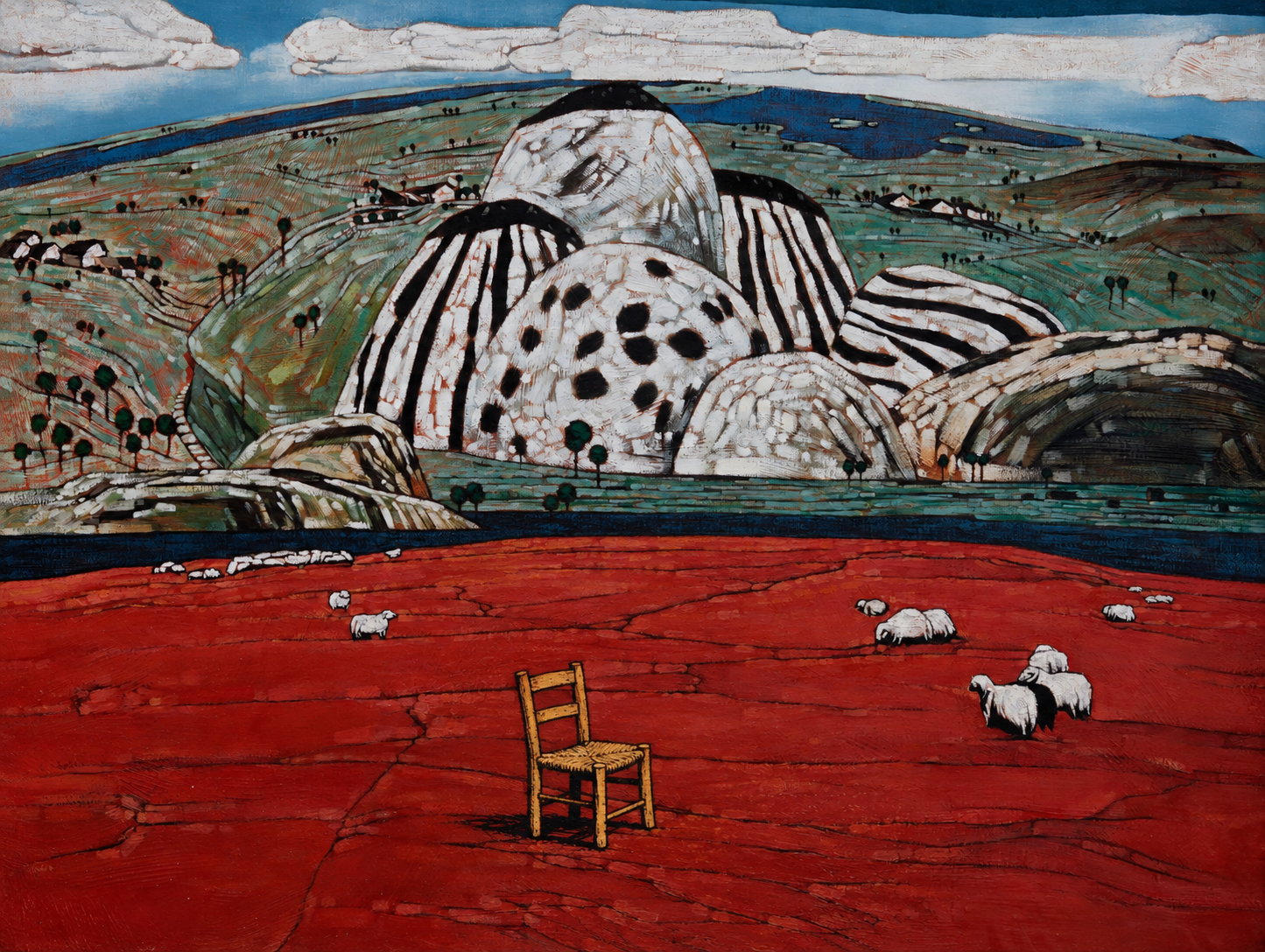 Black-striped and dotted white hills above red earth, small sheep and an ochre chair, without the original foreground white tree.