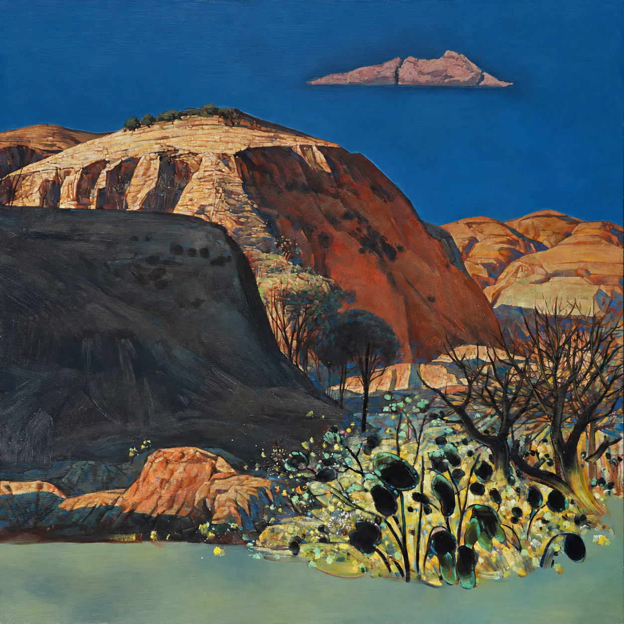Charcoal and ochre mountain slopes under blue sky, with a floating mauve cloud and black oval-leaf plants at lower right.