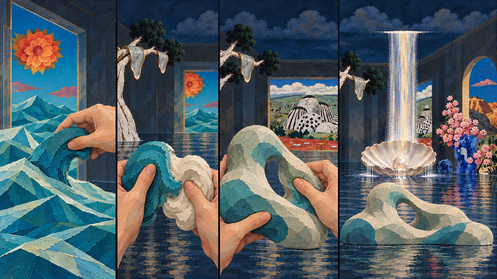 Four stages: lift a solid stroke from a wave, squeeze it like clay, join coloured pieces, and view an abstract reclining form.