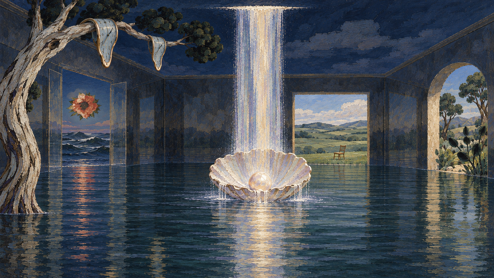 Night mirror courtyard: a waterfall pours directly into a shell holding a pearl, with a flower above a subdued sea, daytime pasture and sculptural plant garden beyond three openings.