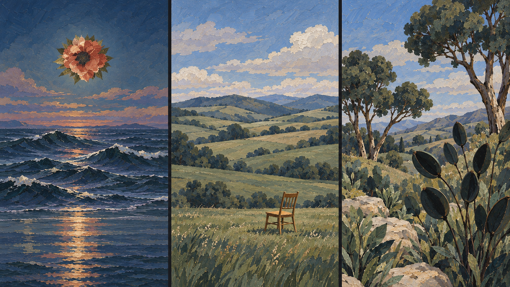 Three painted worlds: a floating flower above low sea swells, layered green pasture with a chair, and dark oval-leaf plants.