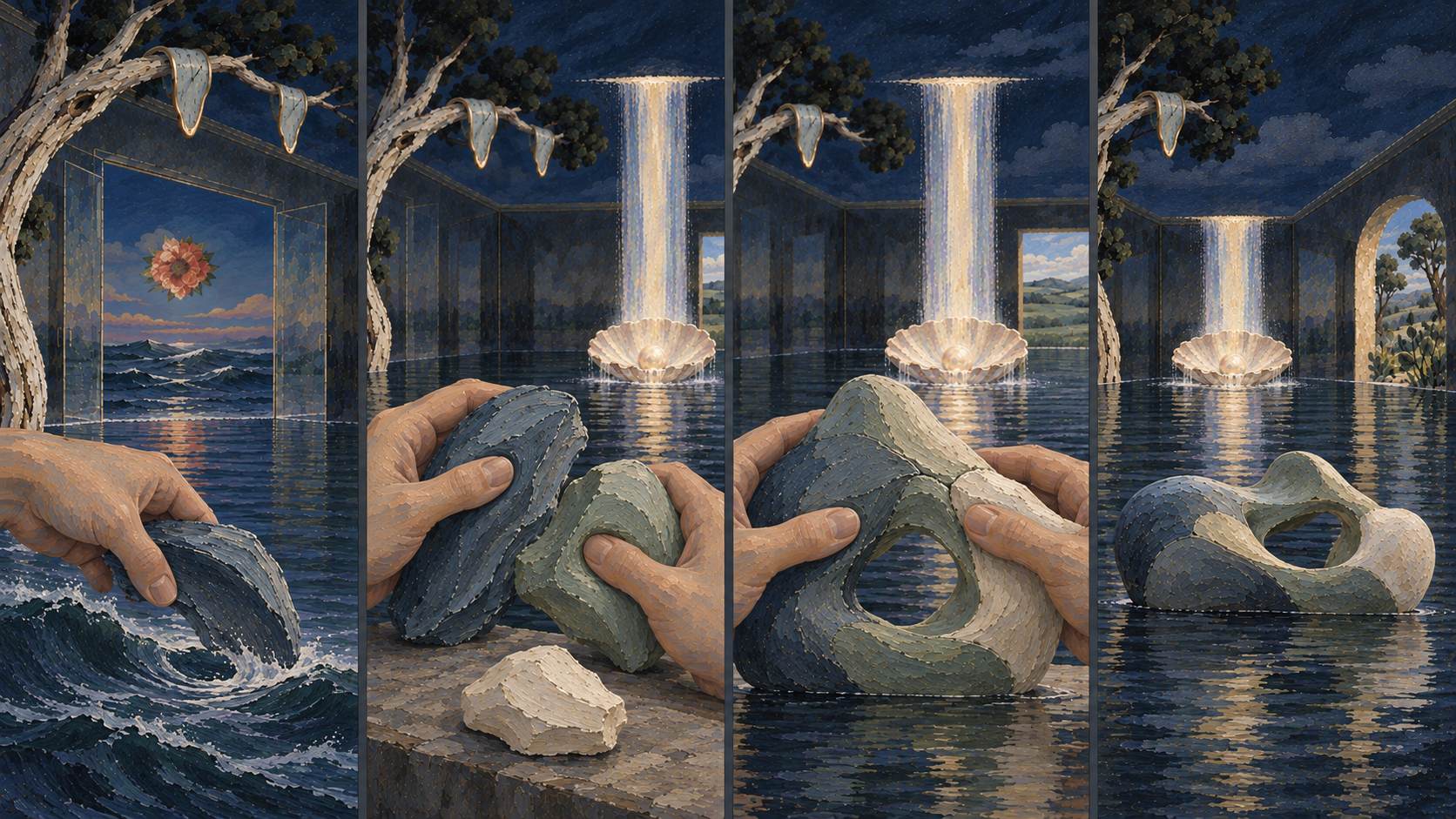 Four stages: lift a solid stroke from a wave, squeeze it like clay, join coloured pieces, and view an abstract reclining form.